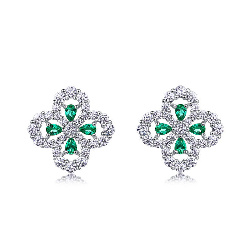 Planderful New Clover Earrings Women’s Full Zircon Sterling Silver Inlaid Lab Grown Emerald Earrings Wholesale