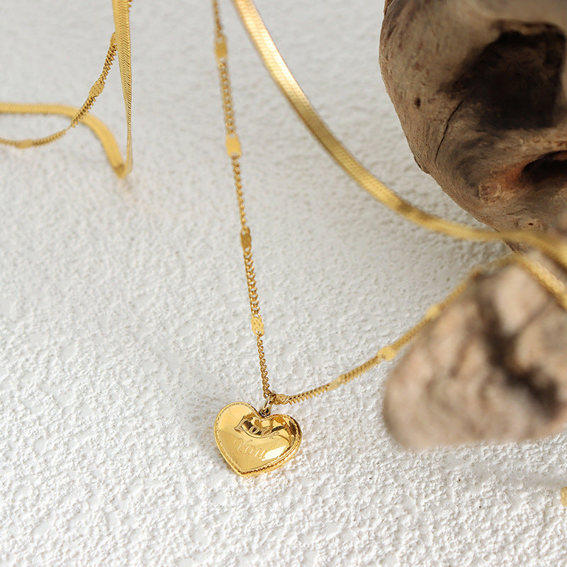 Korean Style Clavicle Chain Necklace with Love Pendant - Titanium Steel Gold-Plated Jewelry