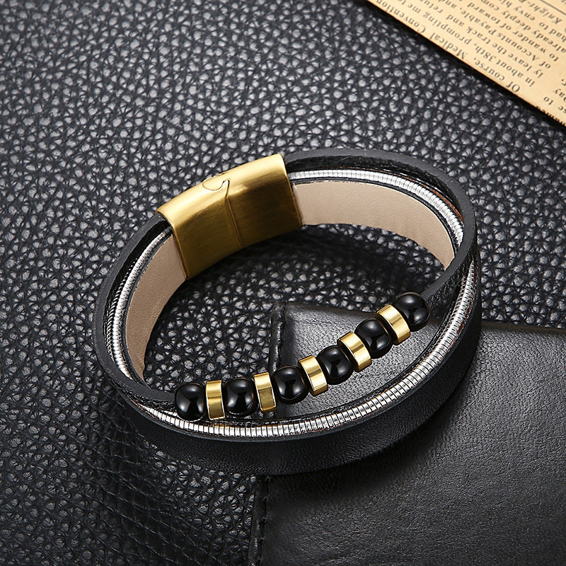Planderful Genie Mens Leather Double Layer Bracelet