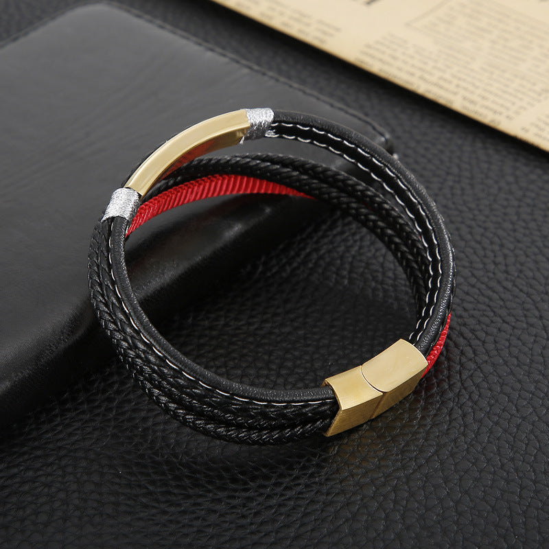 Planderful Titanium Steel Men Bracelet Multi Layer Cowhide