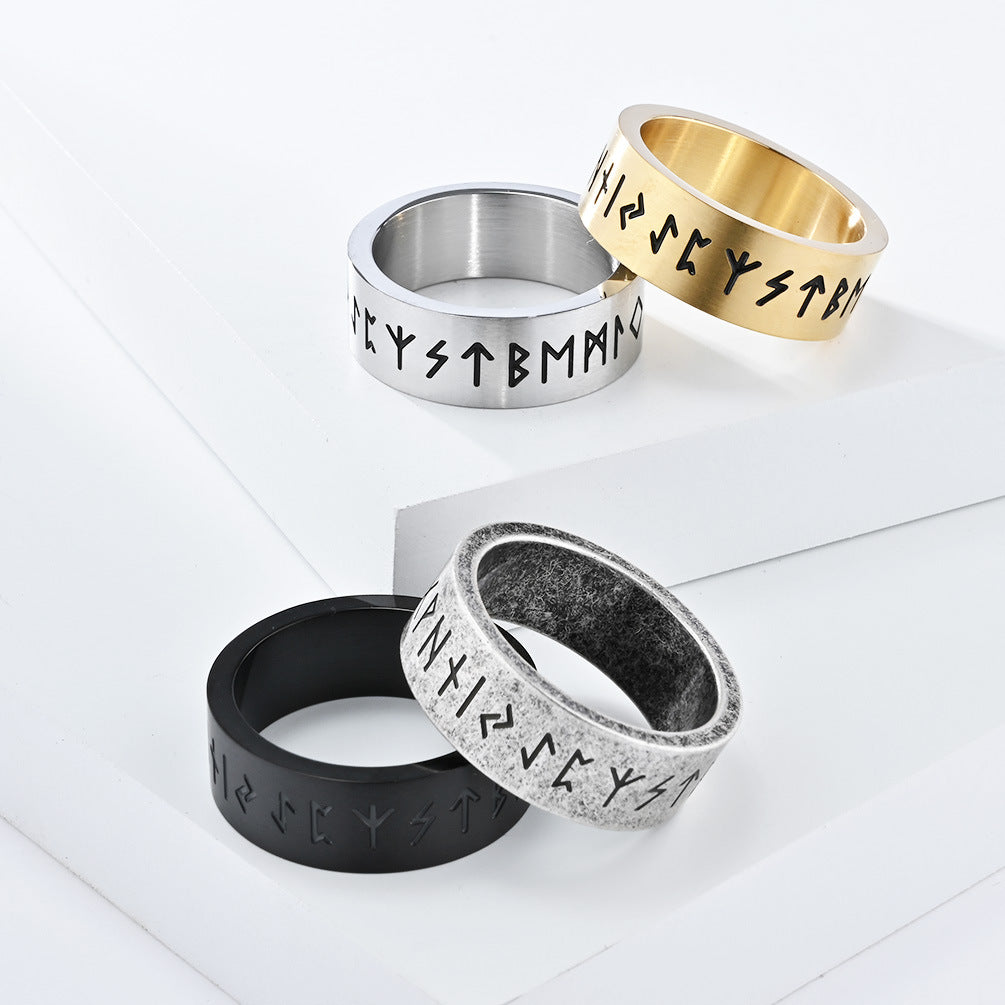 Planderful Nordic Viking Ring Bold for Men Matte Brushed Titanium Steel Jewelry with Pirate Text Design