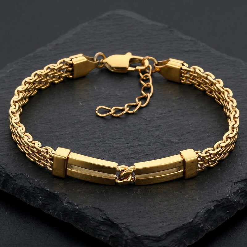 Including Extension Chain – Layered Hollow Curved Bar Mesh Chain Stainless Steel Bracelet