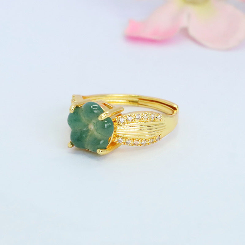 Blue Water Jadeite Four-Leaf Clover 10 mm Ring