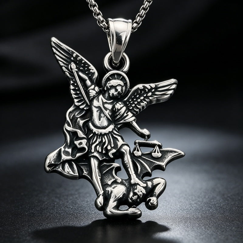 Dark Wind Double Sickle Reaper Pendant Angel Portrait Pendant Two-Sided Buddha Head Stainless Necklace