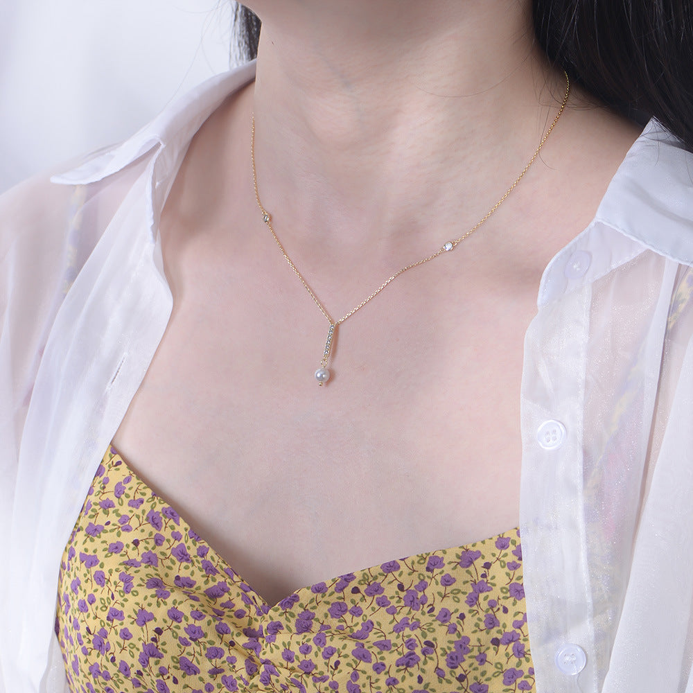 Style Geometric Fringed Pearl Necklace Sense S925 Sterling Silver Zircon