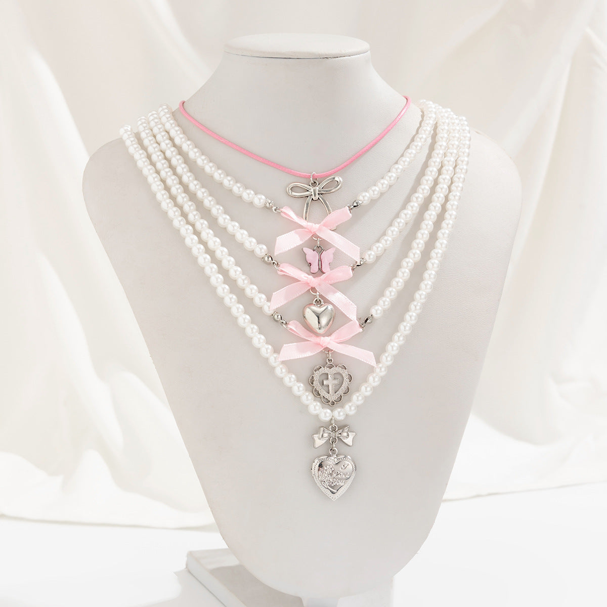 Butterfly Heart & Pearl-Style Layered Necklace
