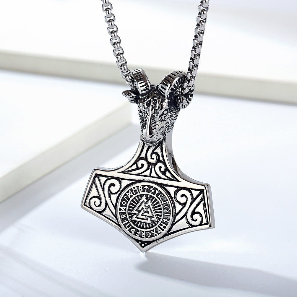 Vintage Nordic Viking Ram Head Necklace with Compass Pendant