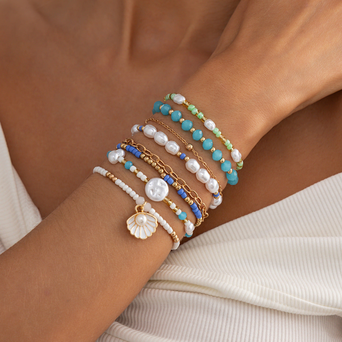 Imitation Pearl Beaded Bracelet Multi Layer Scallop Design Holiday Style By Planderful Vienna Verve For Women