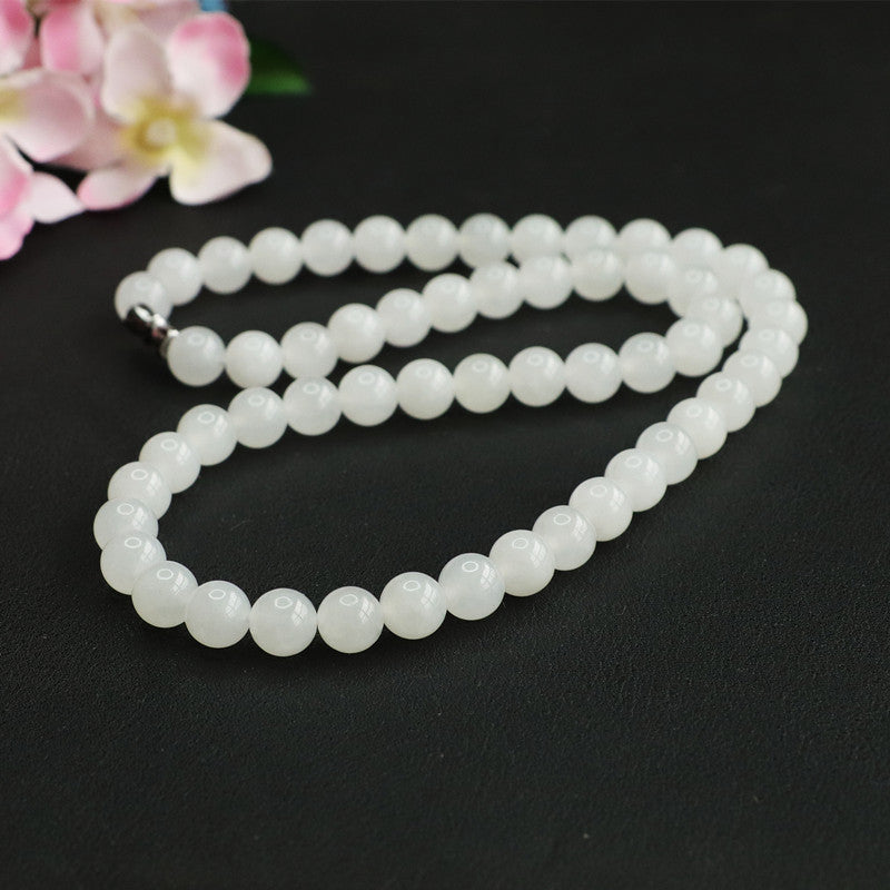 Natural Hetian Jade Necklace, White Jade Bead String Jewelry