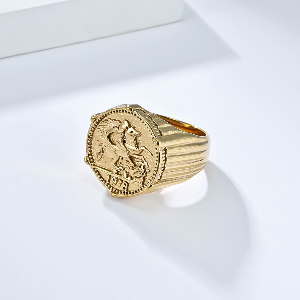 Planderful Hip Hop Knight Ring Stainless Steel Gold Plated For Men Durable Retro Style Jewelry