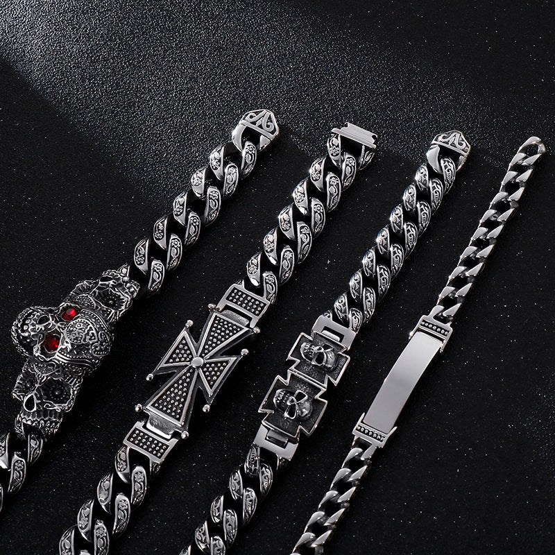 Antique Hand – Trends Skull Cross Inlaid With Zircon Titanium Steel Bracelet Men