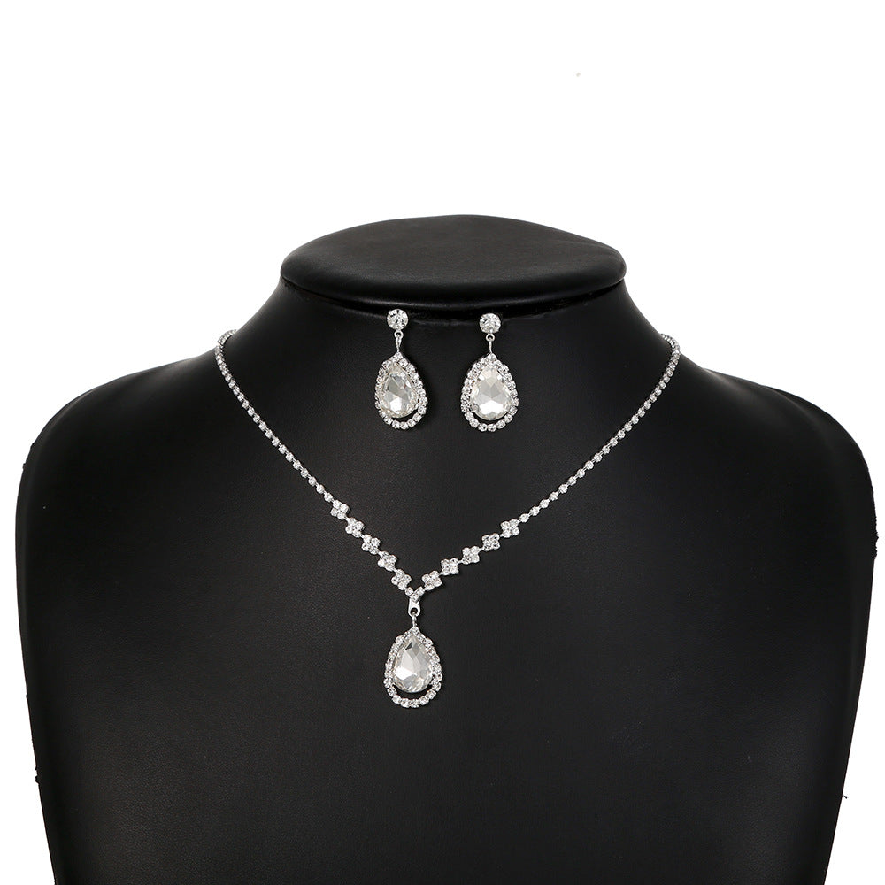 Rhinestone Clavicle Chain Necklace Set with Fringed Drop Earrings