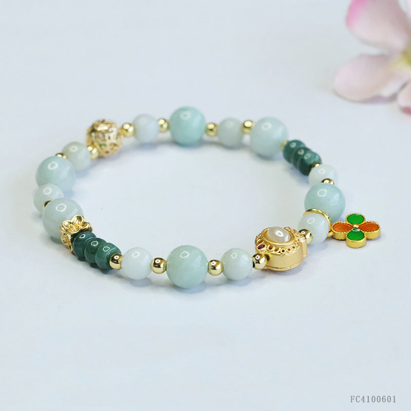 Blue Water Jadeite Four-Leaf Clover & Abacus Bead Bracelet