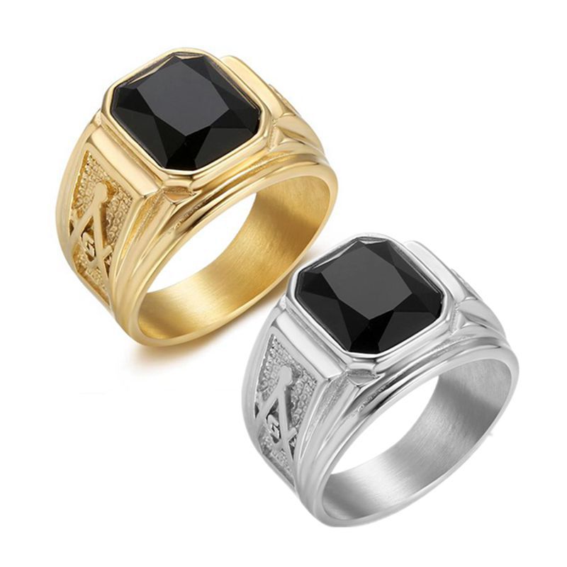 Planderful Everyday Genie Masonic Ring For Men Stainless Steel Gold Plated Black Glass Classic Retro