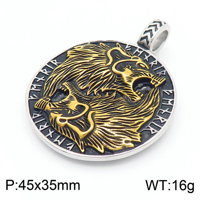 Retro Viking Wolf Head Pendant Necklace for Men in Stainless Steel and Titanium Gold