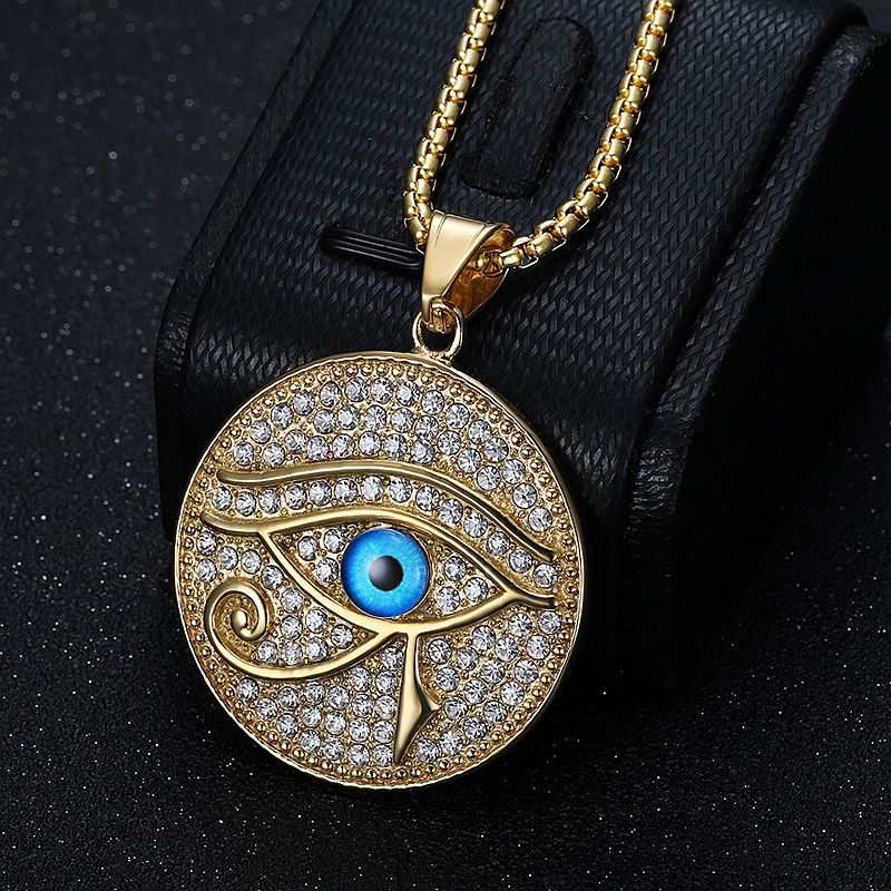 Planderful Hip Hop Jewelry Blue Horus Eye Necklace Gold Plated Titanium Steel Rhinestone Pendant For Hip Hop Fans