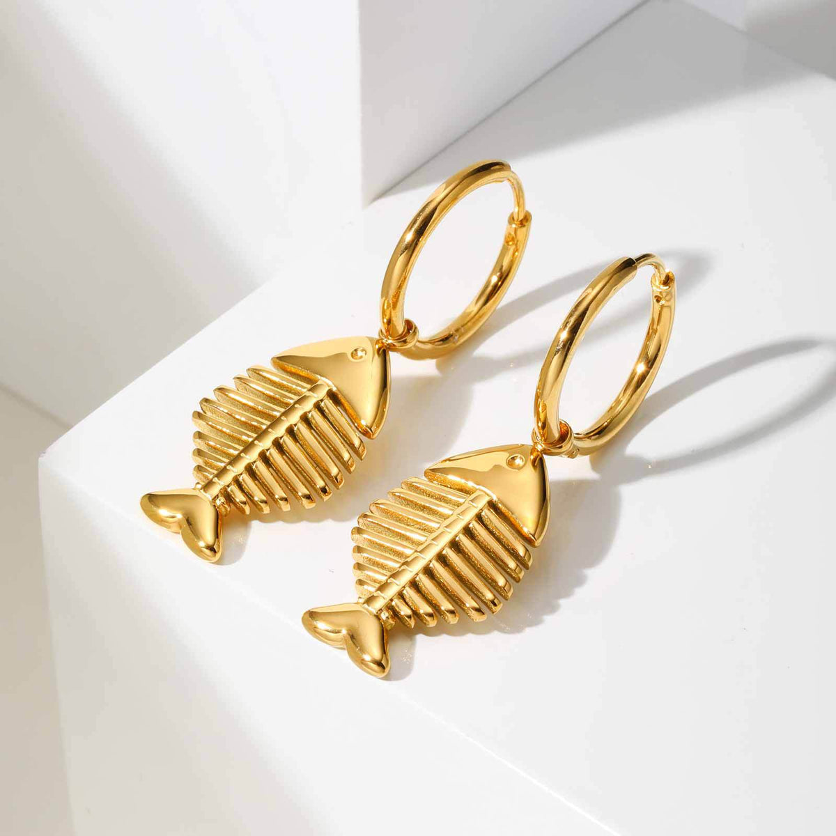 Gold-Tone Fish Skeleton Hoop Earrings