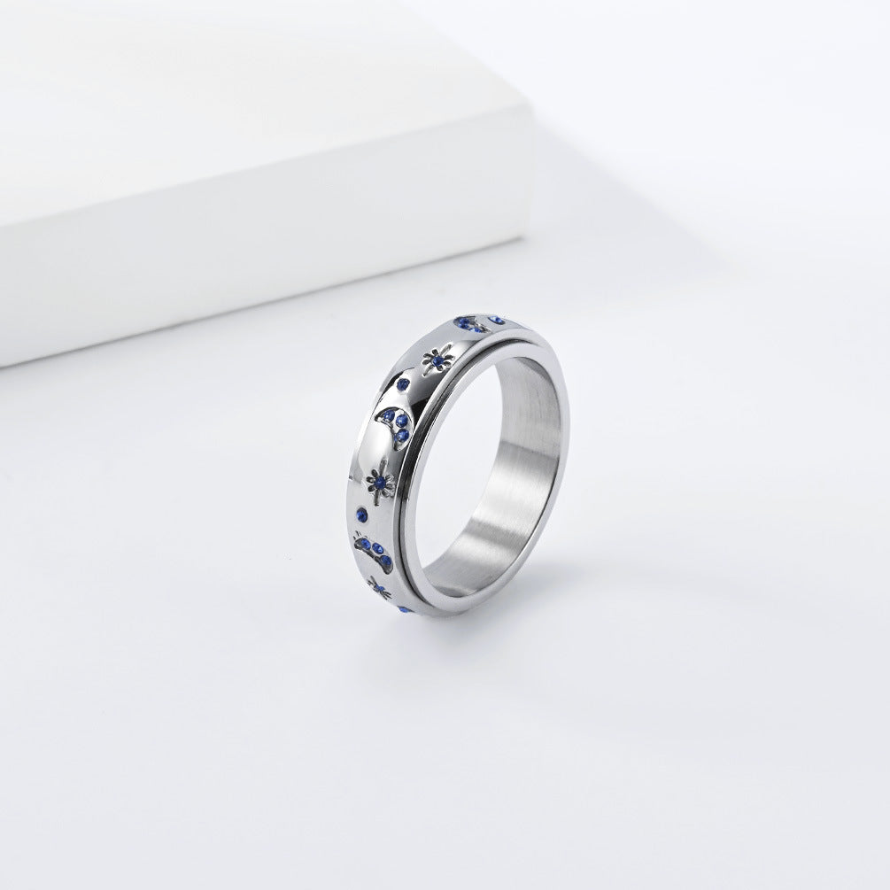 Star & Moon Zircon Spinner Stainless Steel Ring Unisex