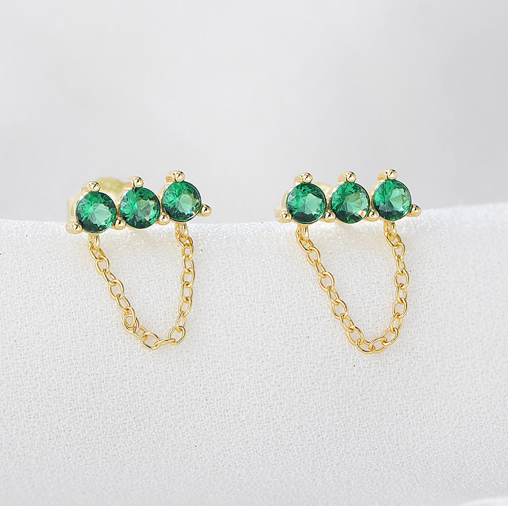 S925 Sterling Silver Grandmother Green Zircon Stud Earrings Chain Fringed Earrings Trendy Earrings