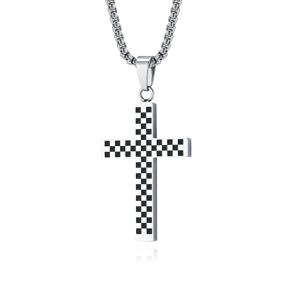 Planderful Titanium Steel Cross Necklace For Men And Women With Black And White Grid Racing Flag Pendant