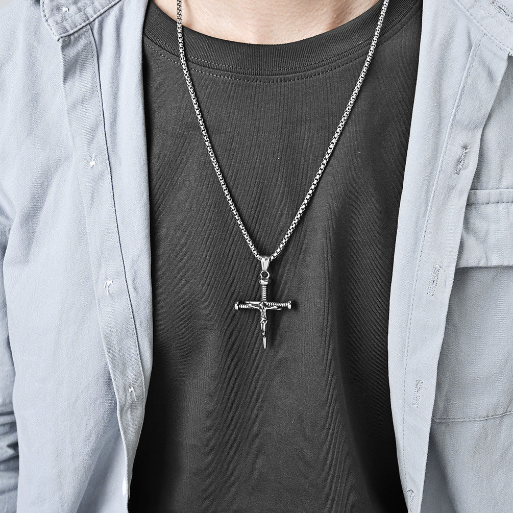 Cross-Border Amazon Retro Style Stainless Steel Cross Necklace for Men