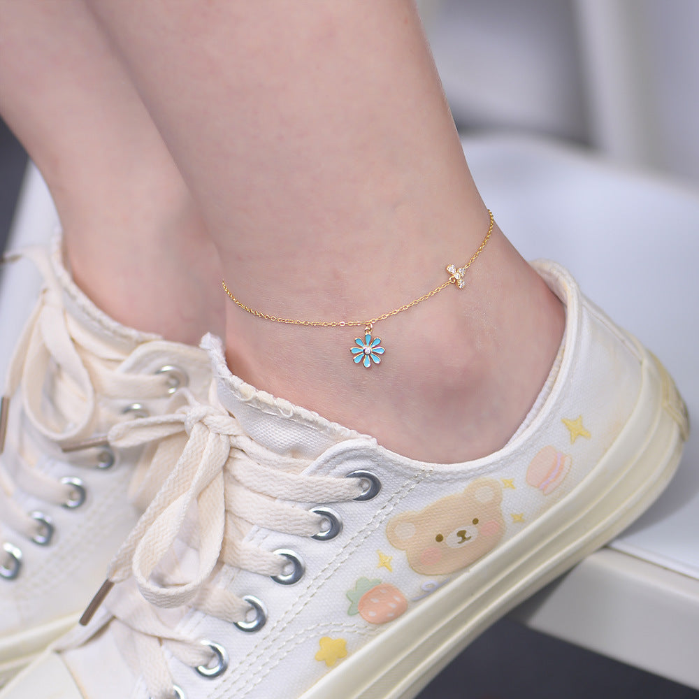 Japan And Korea Small Daisy Anklet Sterling Silver Summer Versatile Fresh Flower Anklet Bracelet
