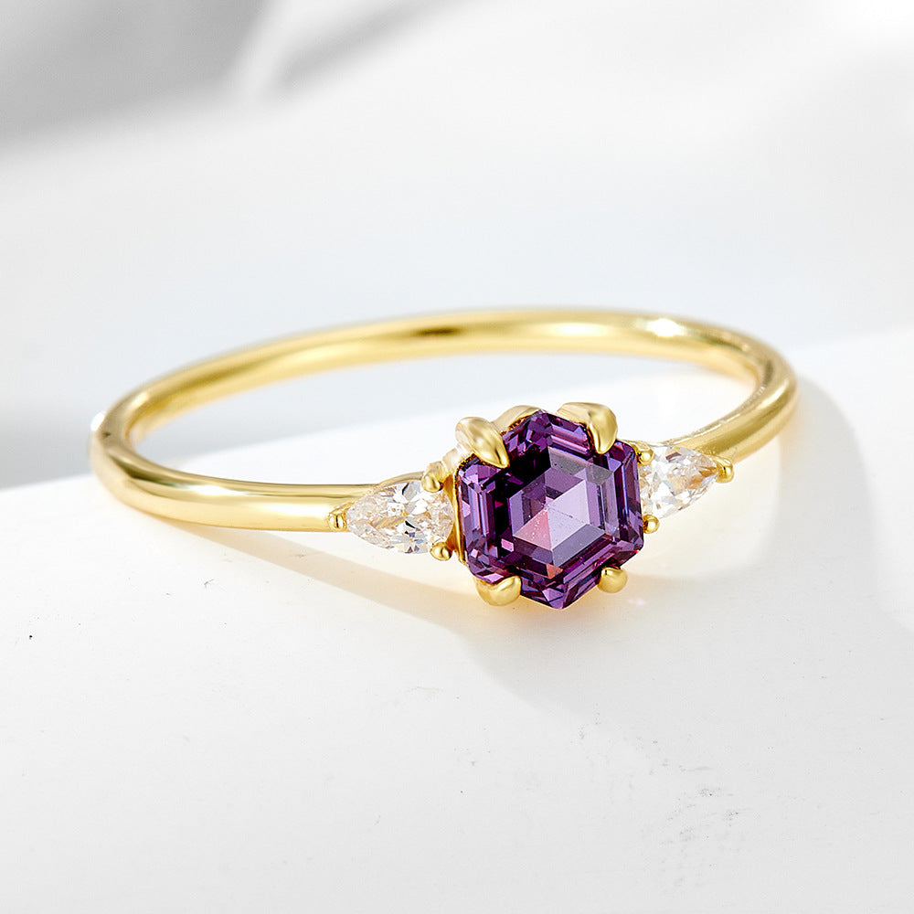Planderful Sterling Silver Purple Zircon Hexagon Ring For Women Elegant Light Luxury Jewelry