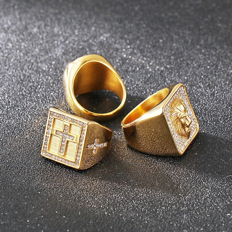 Planderful Mens Titanium Ring Lion Head Zircon Cross