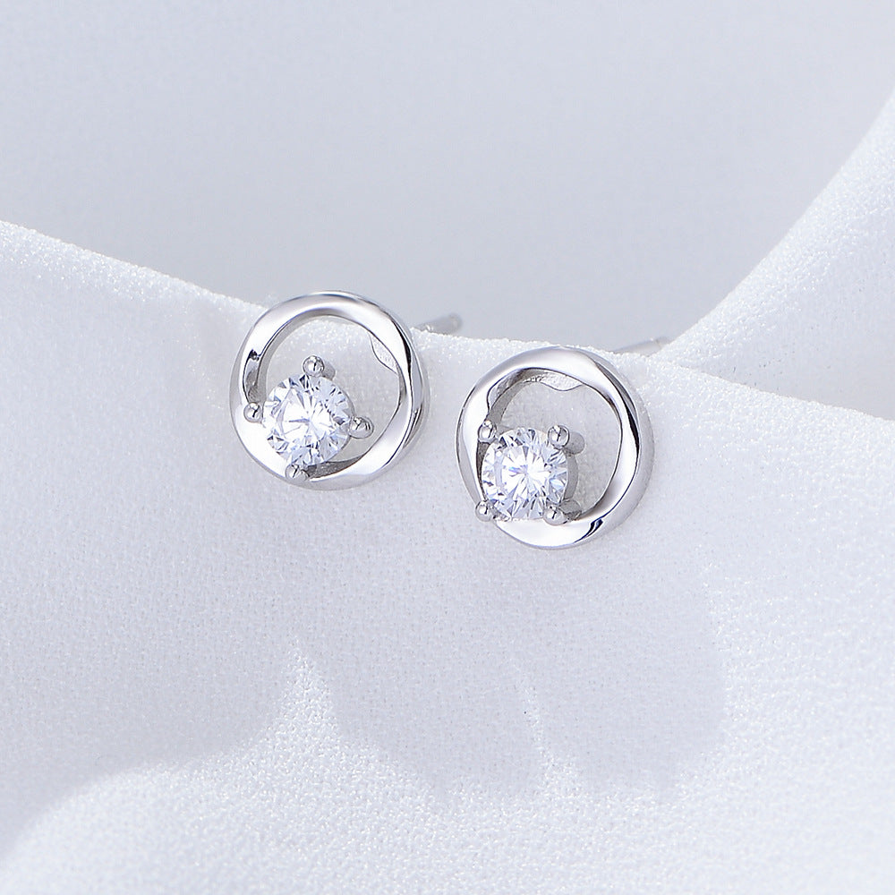 S925 Sterling Silver Geometric Round Hollow Zircon Earrings Femininity High-End Stud Earrings