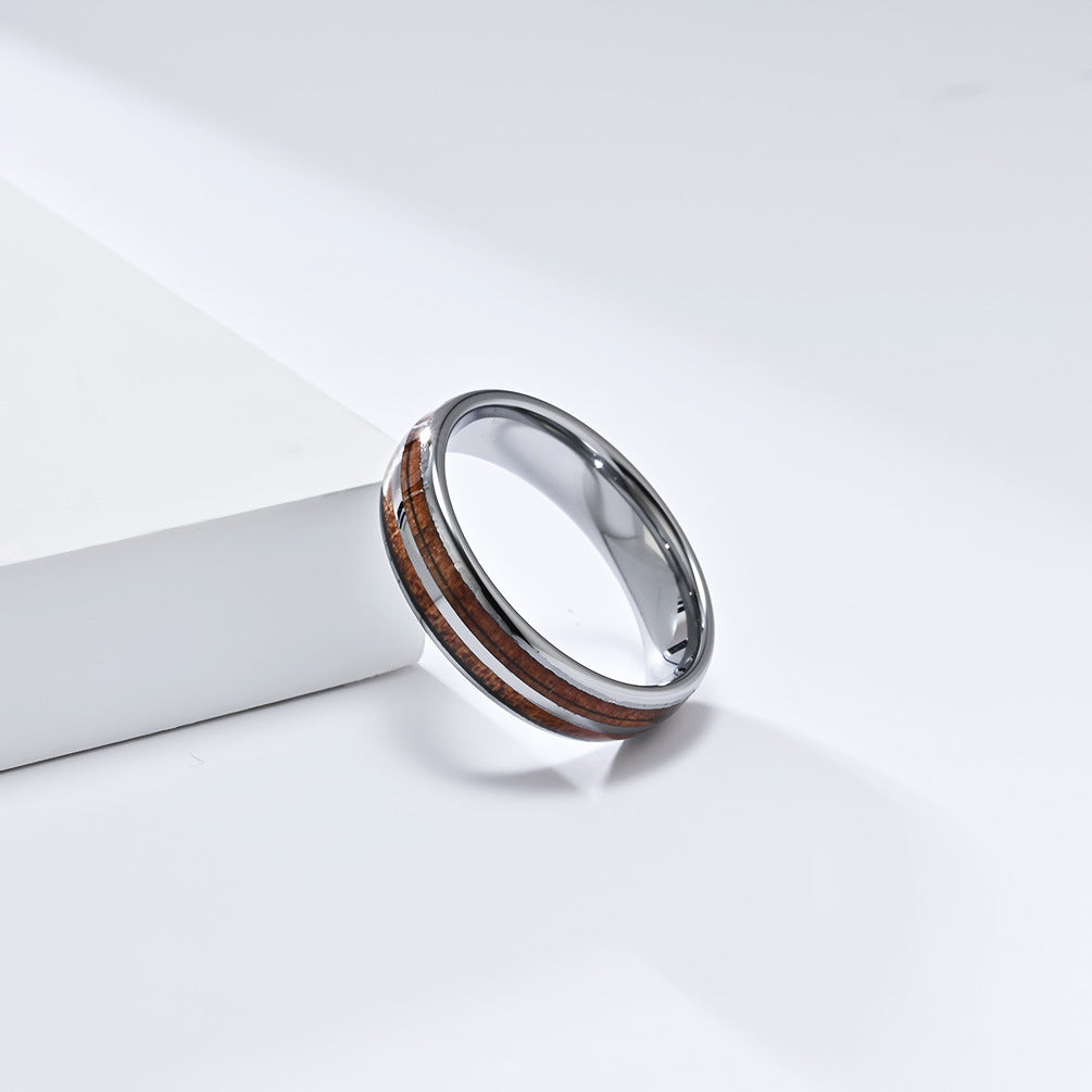 Planderful Tungsten Steel Ring With Parquet Wood Inlay Double Groove Unisex Couple Ring