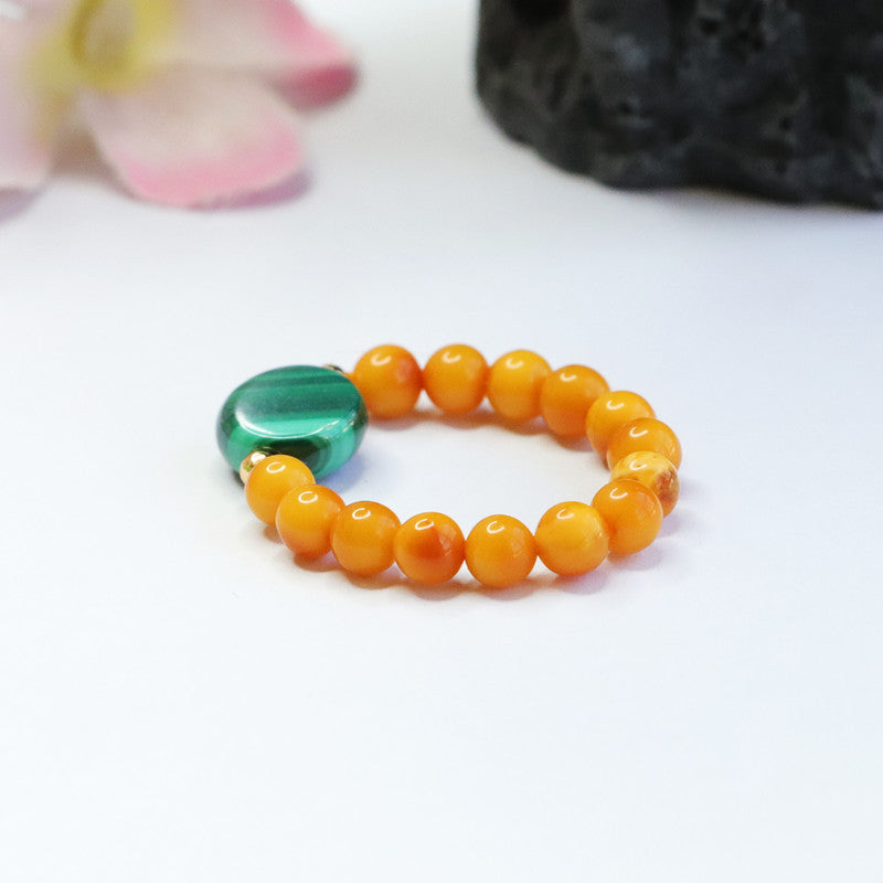 Amber and Malachite Ring with Natural Honey Wax Accents