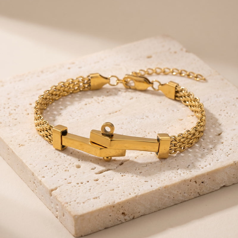 Style Irregular Curved Bar Bracelet Double-Layer Front & Back Chain Stainless