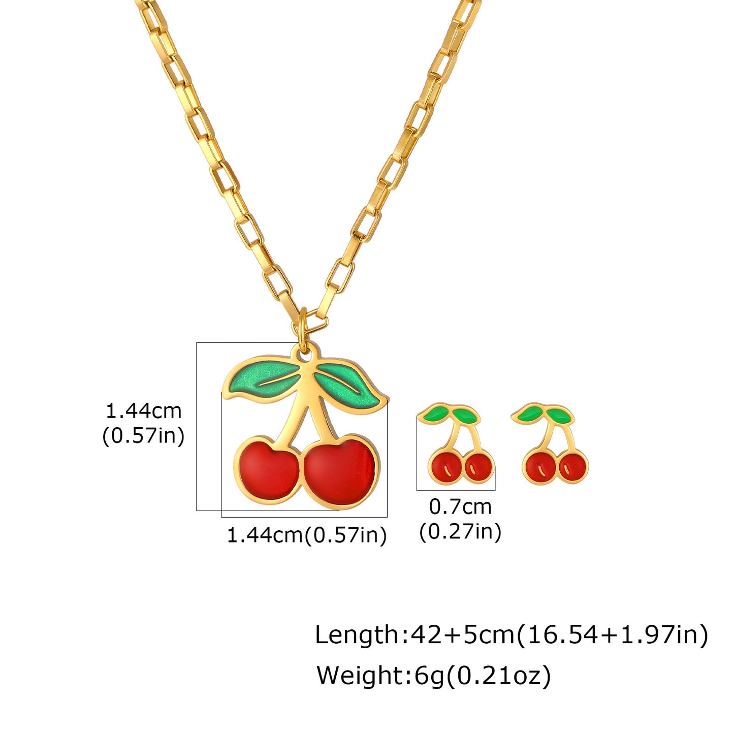 Cute Dopamine Stainless Steel Cherry Stud Earrings Necklace Set Sweet Daily Gift