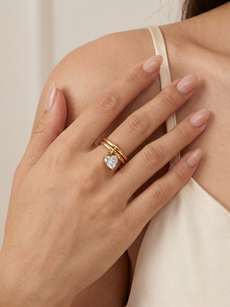 Stainless Steel Double Ring Square White Zircon