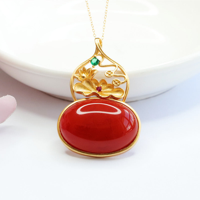 Agate Gourd & Lotus Silver Pendant — No Chain