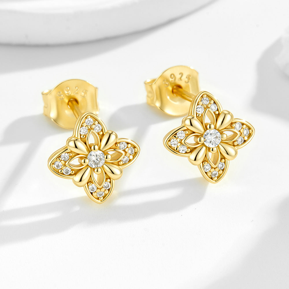 S925 Sterling Silver Zircon Lucky Four-Leaf Clover Earrings Design Earrings