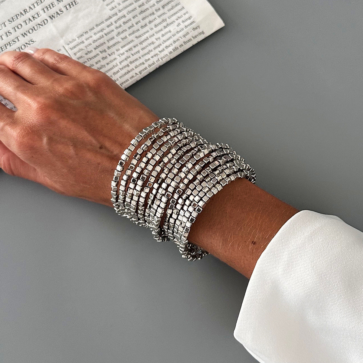 Planderful Vienna Verve Elastic Silver Beaded Bracelet For Women Retro Square Design Statement Jewelry