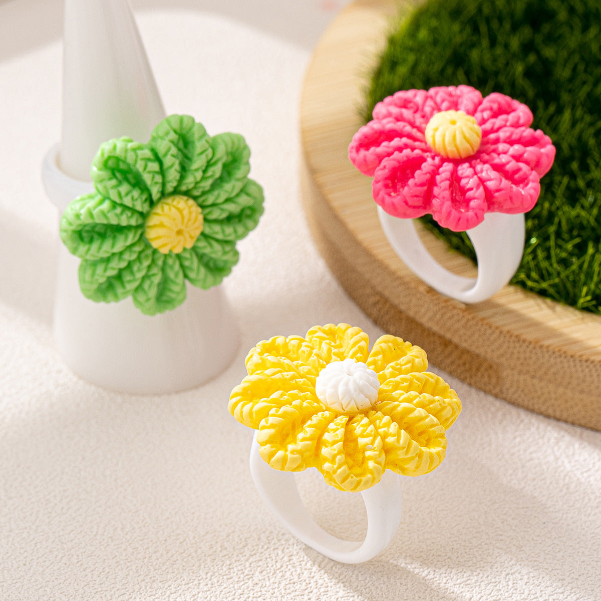 Personalized Color Resin Flower Ring Set for Women by Planderful