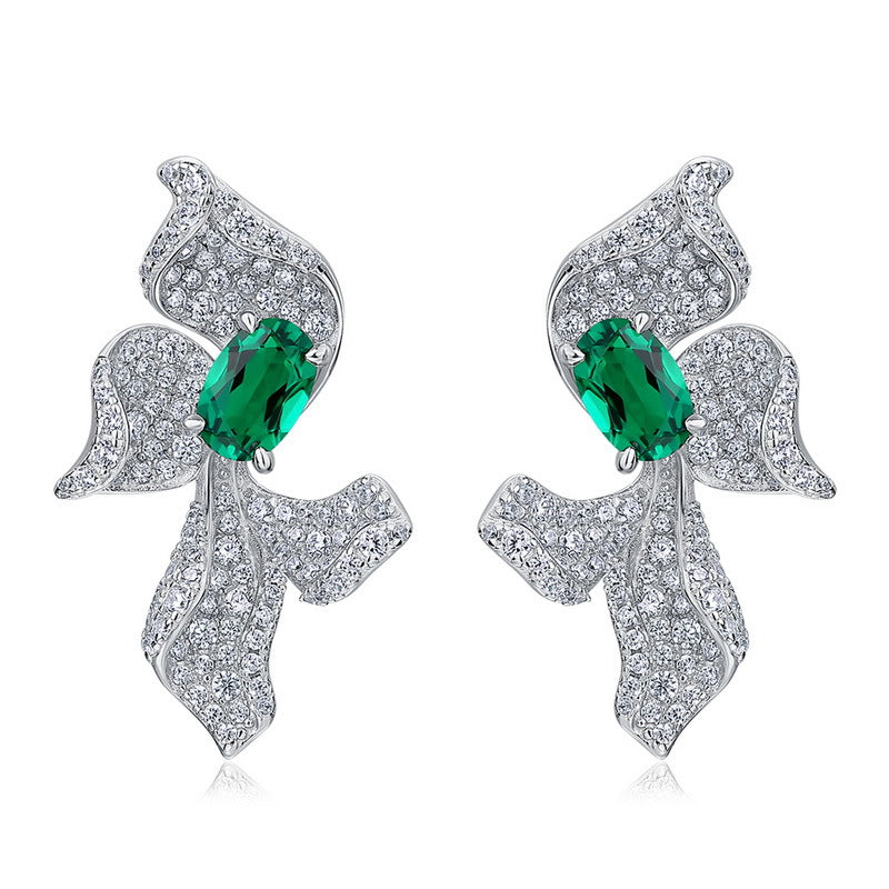 S925 Sterling Silver Lab-Grown Emerald Flower Stud Earrings