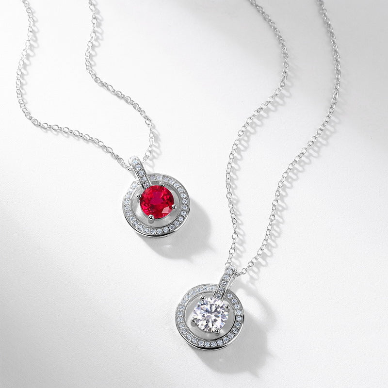 S925 Sterling Silver Lab-Grown Ruby & Moissanite Round Necklace
