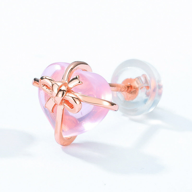 Heart Shape Pink Crystal Bowknot Silver Stud Earrings