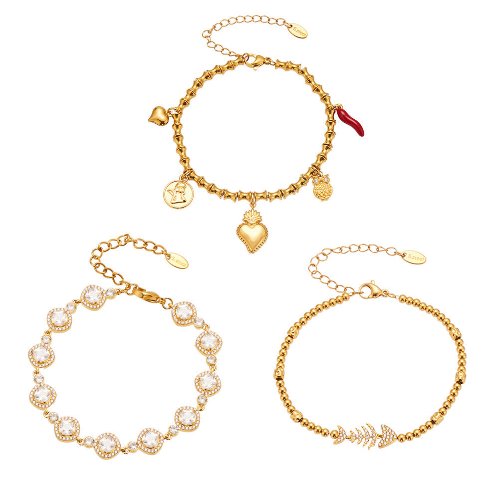 Planderful Zircon Fish Bone Bracelet 18K Gold Plated Ladies