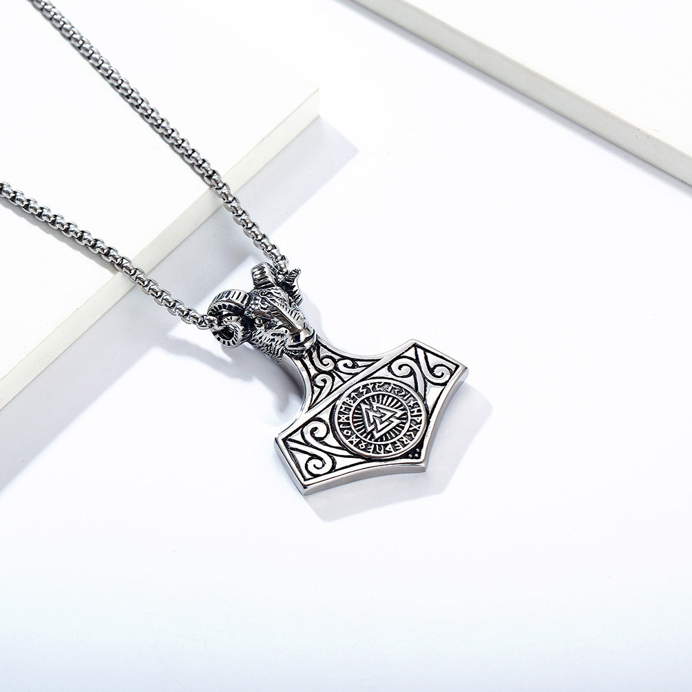 Vintage Nordic Viking Ram Head Necklace with Compass Pendant