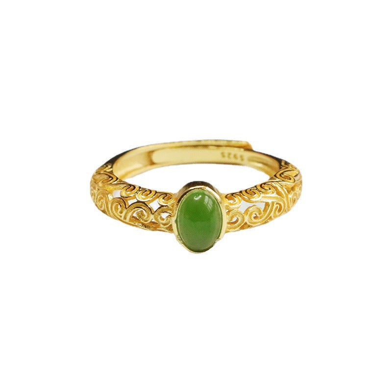 Favorable Fortune S925 Silver Ring with Natural Hotan Jade and Jasper Insets