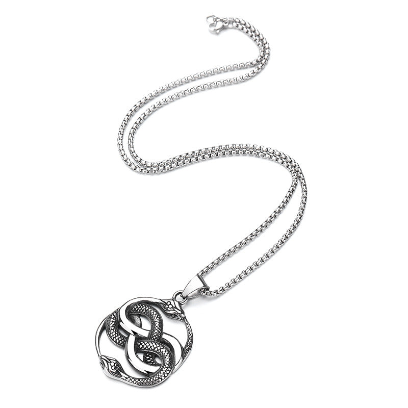 Steel Necklace - Vintage Double Snake Pendant For Men