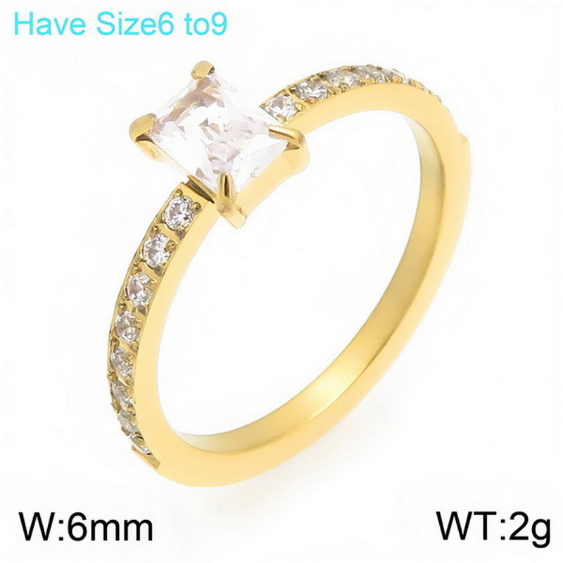 French Four-Claw Rectangle Color Zircon Ring Half Circle Zircon Stainless Steel
