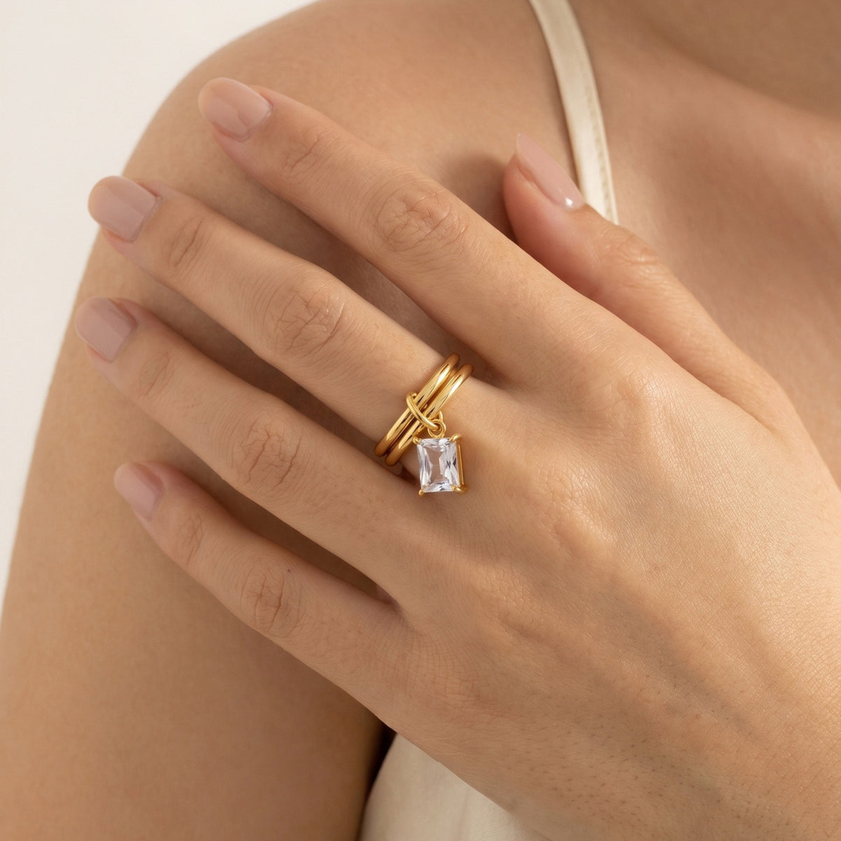 Stainless Steel Double Ring Square White Zircon