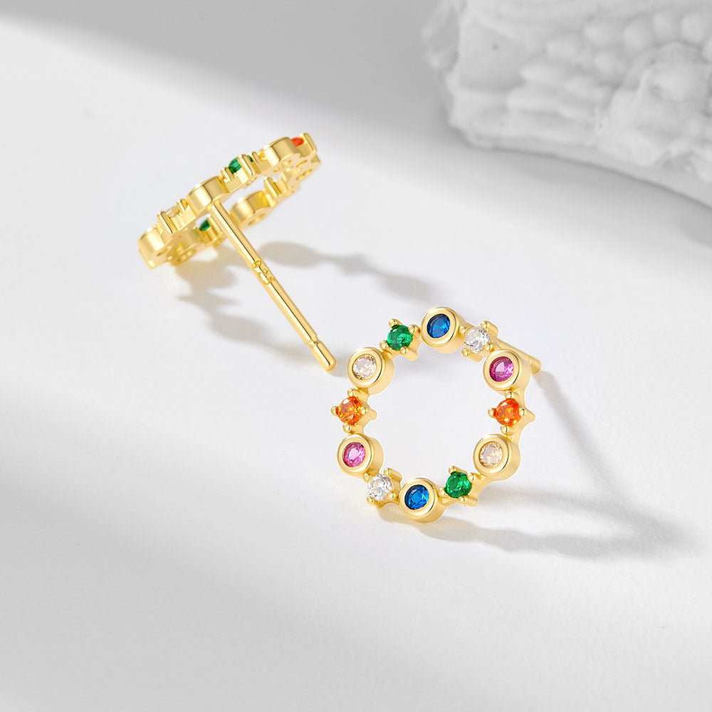 Color Zircon Hollow Circle Stud Earrings 925 Sterling Silver Retro Zircon Rainbow Earrings