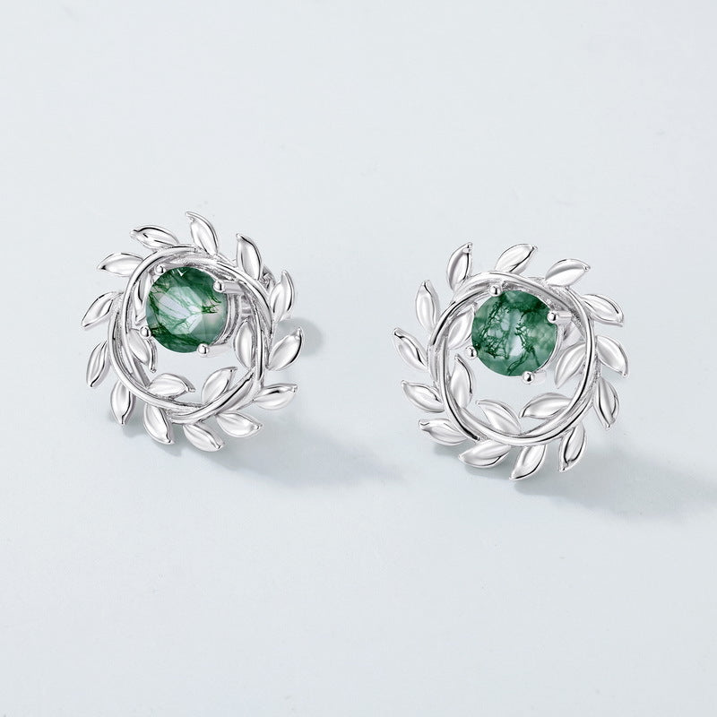 S925 Sterling Silver Moss Agate Olive Branch Stud Earrings