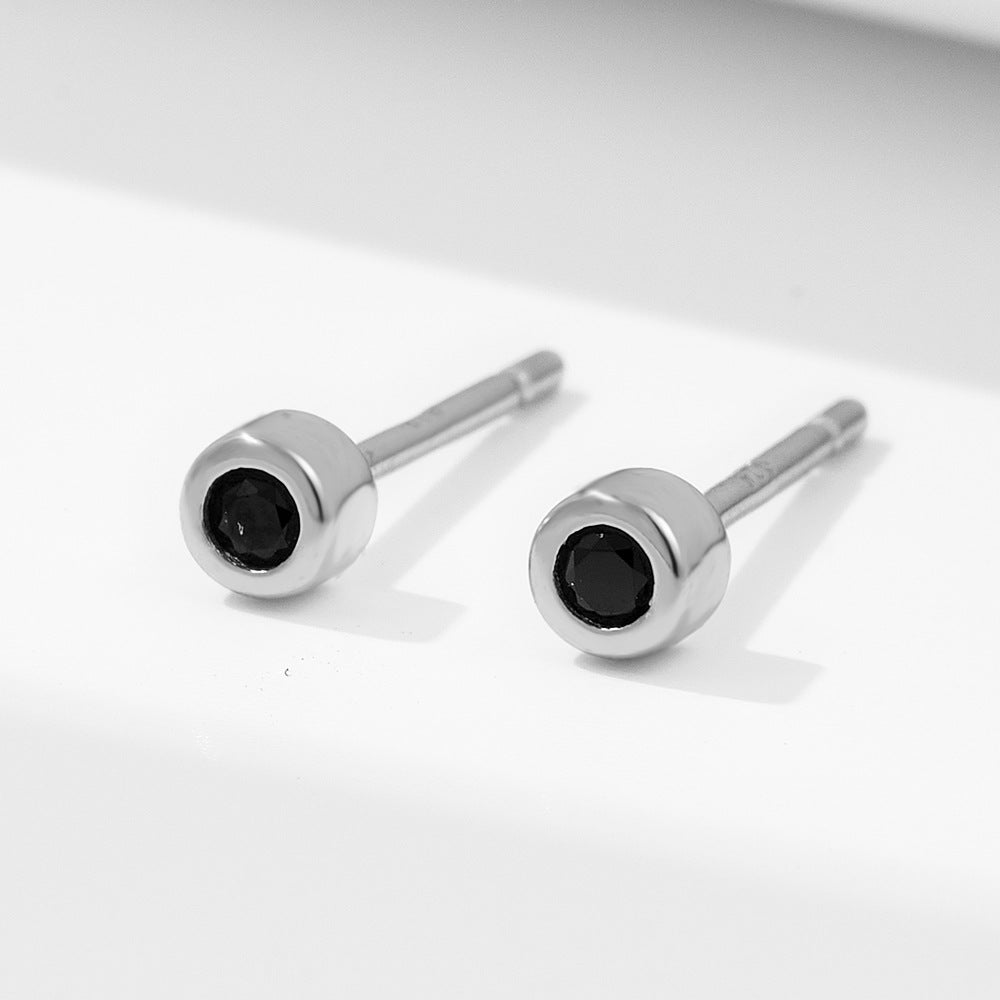 S925 Sterling Silver Simple Round Black Nano Zircon Stud Earrings